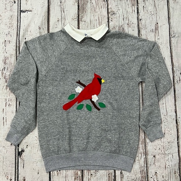 Vintage Cardinal Stitched Animal Print Gray 1980s Collared Sweatshirt Pullover - Picture 1 of 4
